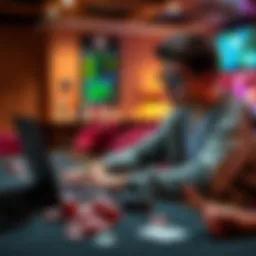 A 20-year-old enthusiast playing poker on a laptop with cards and chips on the table