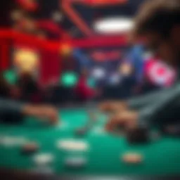 A player focuses on a poker table showing cards and chips, analyzing their strategy in an online poker game.