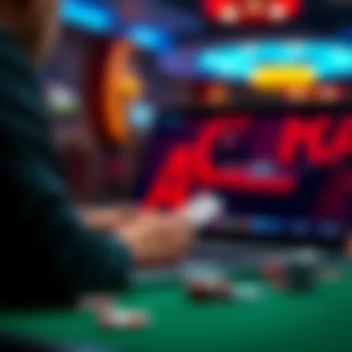 A person playing online poker on a laptop with playing cards in view.