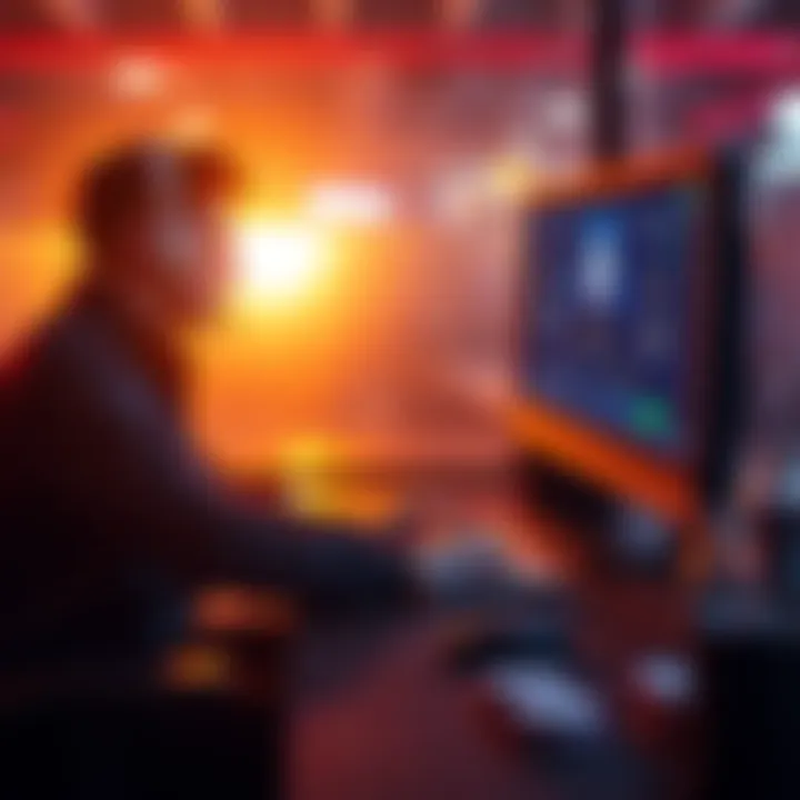 Online poker player at a computer A person sitting at a desk, focused on their computer screen while playing online poker, with chips and cards visible on the table.