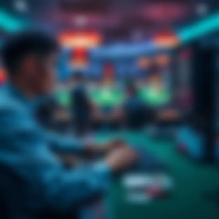 Online poker player focused on the game A professional online poker player sitting at their desk with multiple screens showing poker tables, deep in concentration, with poker chips and cards visible on the table.
