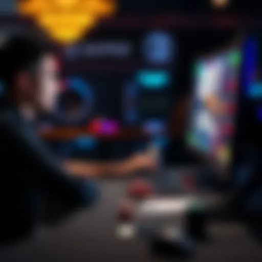 A focused player sitting at a computer, playing online poker with cards and chips on the screen, illustrating common mistakes in the game.
