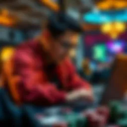A poker player intensely analyzing the game on his laptop, surrounded by cards and chips, visibly determined to win against a tough opponent.