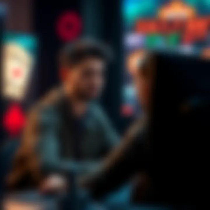 A focused online poker player looking for a coach or mentor, sitting in front of a computer with poker graphics on the screen.