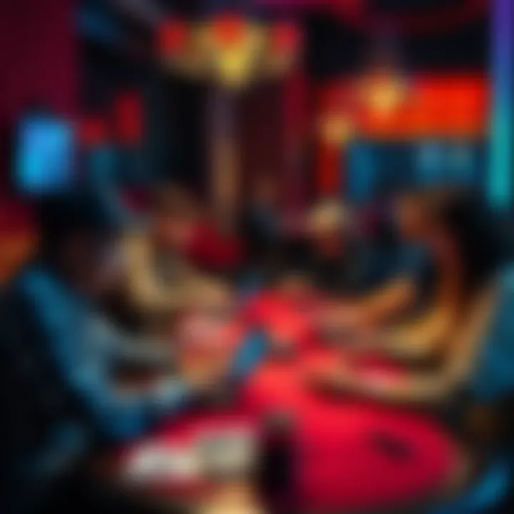 A group of people playing online poker on laptops in a cozy setting, focused on their games.