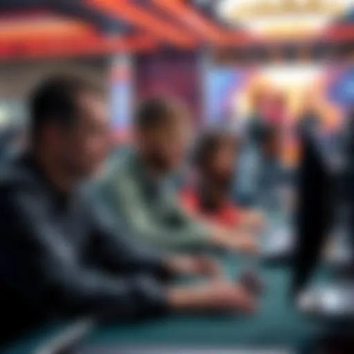 A group of diverse players focused on their screens while playing online poker, showing expressions of concentration and excitement