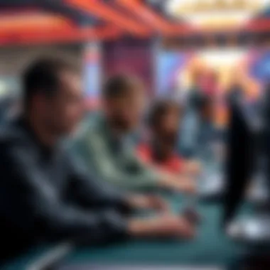 Online poker players at a table A group of diverse players focused on their screens while playing online poker, showing expressions of concentration and excitement