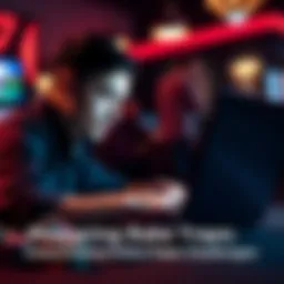 A poker player focused on a laptop screen, analyzing hand strategies and rake traps in an online game.