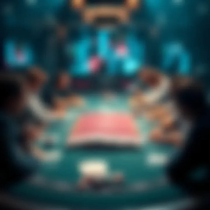 Online poker table with players A digital poker table showing players engaged in an online game, highlighting contrasts to live games in skill and strategy.