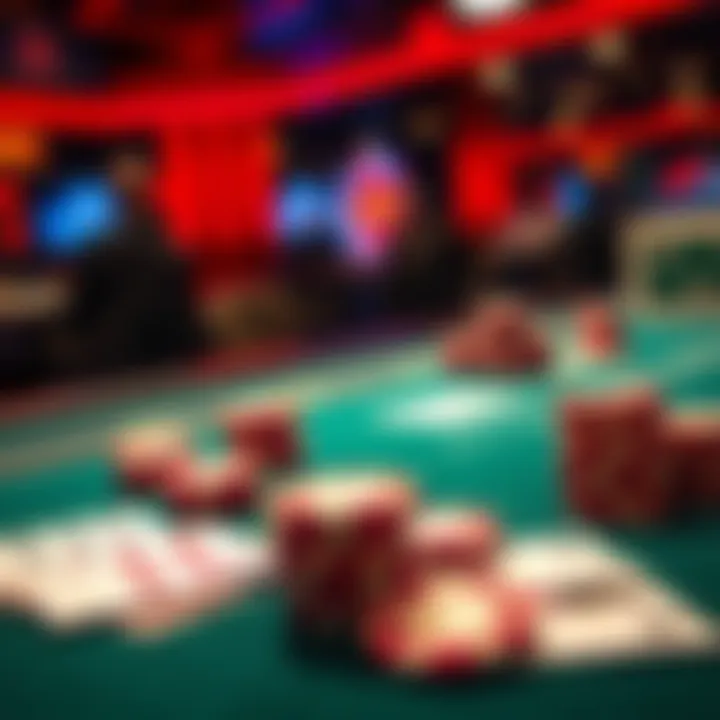 A close-up view of a poker table featuring stacks of chips and playing cards during an online poker game