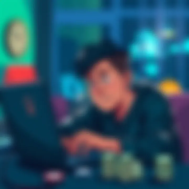 A person playing online poker on a laptop at home, with a worried expression reflecting legal concerns in Thailand.