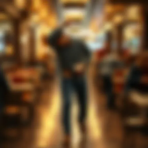 A person slips and spills coffee on their shirt while walking in a busy café