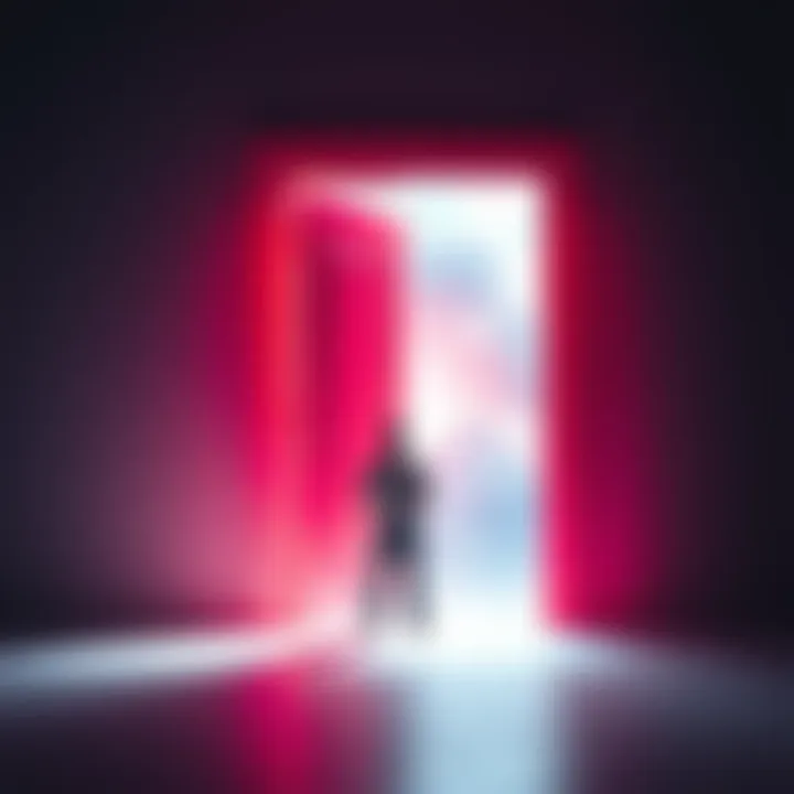 A person standing at an open door looking out into a bright future filled with possibilities