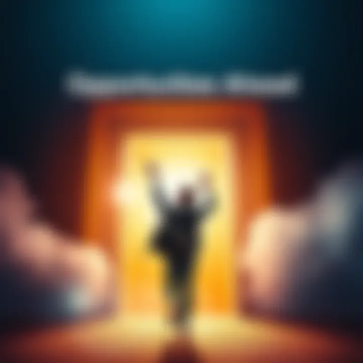 A person confidently reaching for a bright door, symbolizing the pursuit of goals and seizing opportunities.
