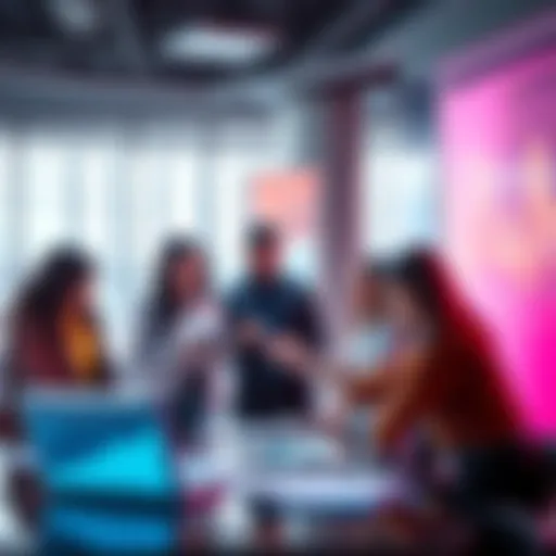 A diverse group of people discussing new business and technology trends in a modern setting, with digital devices and charts around them.