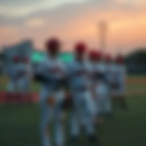 A group of baseball players in uniforms practicing on a field in an international setting