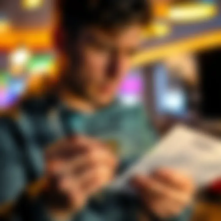 A person holding a lottery ticket with cash in hand, looking at a tax form with concerned expression.