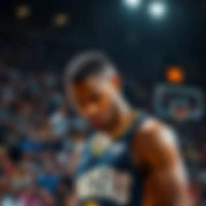 An Indiana Pacers player shows a downcast expression on the court after a tough loss, with fans in the background looking concerned.