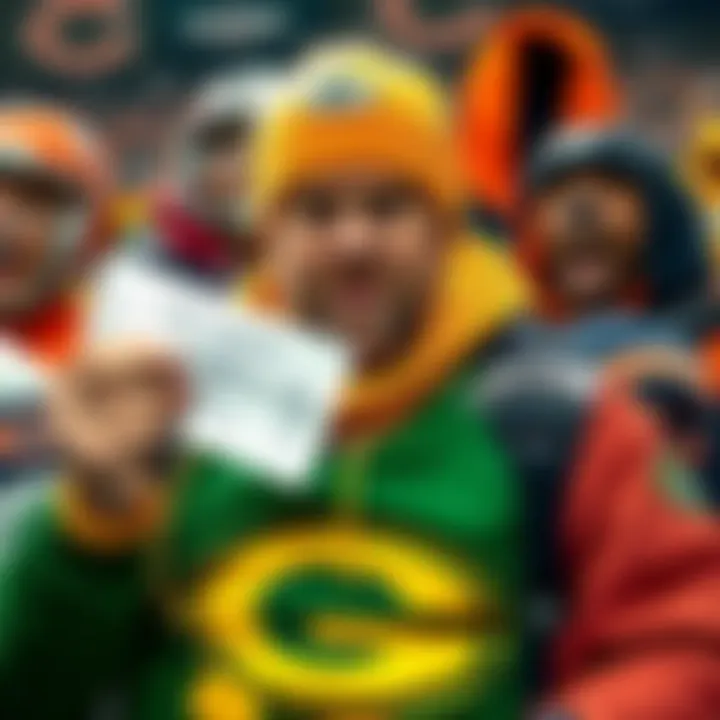 Packers Fan Betting Dilemma A Packers fan looks conflicted while holding a betting slip, wearing Packers gear and surrounded by Bears memorabilia, symbolizing his tough choice between loyalty and profit.