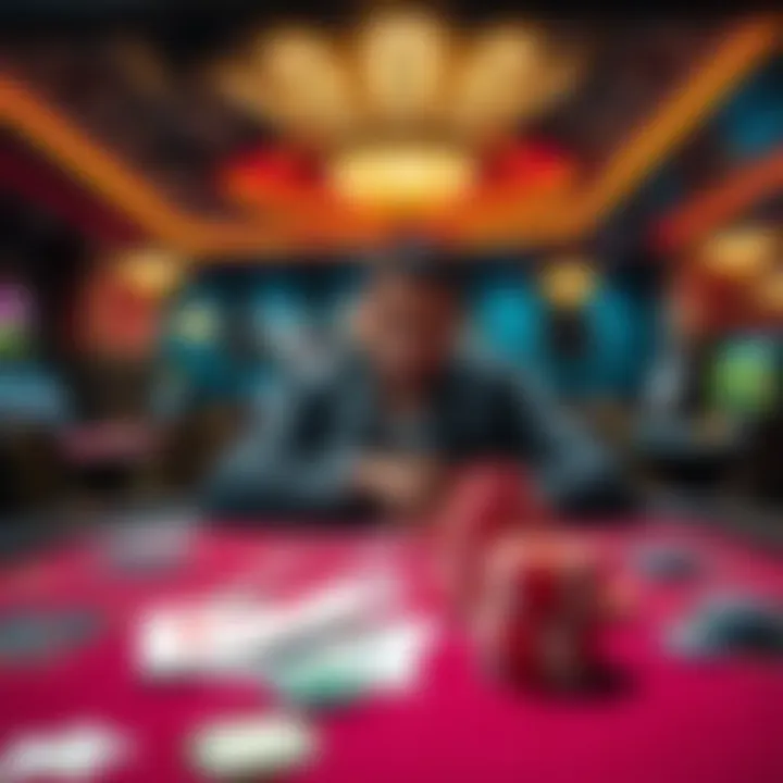 Pai Gow Poker Table A player looking frustrated at a Pai Gow Poker table in a casino, with cards scattered and chips stacked in front of them.