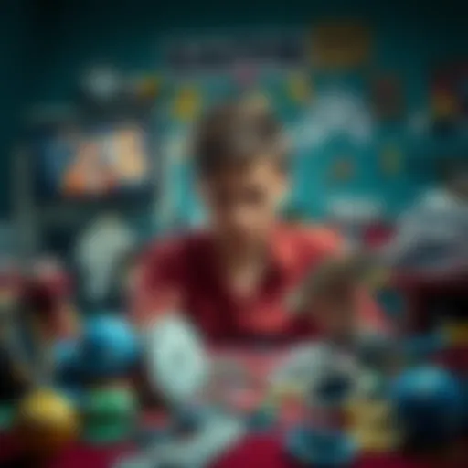 A young parent looks distressed while holding bills and a child’s toy, surrounded by a chaotic room filled with gambling paraphernalia.