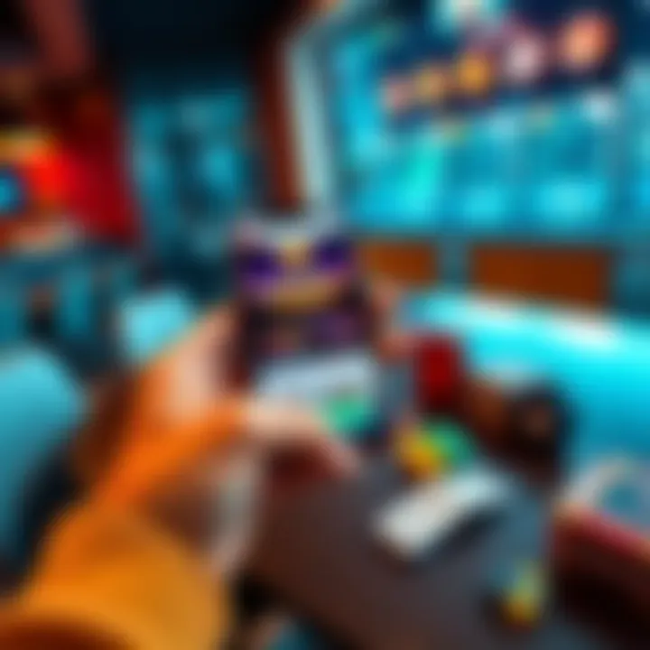 A person holding a smartphone displaying the Parimatch app while sitting at a table with betting-related items around.