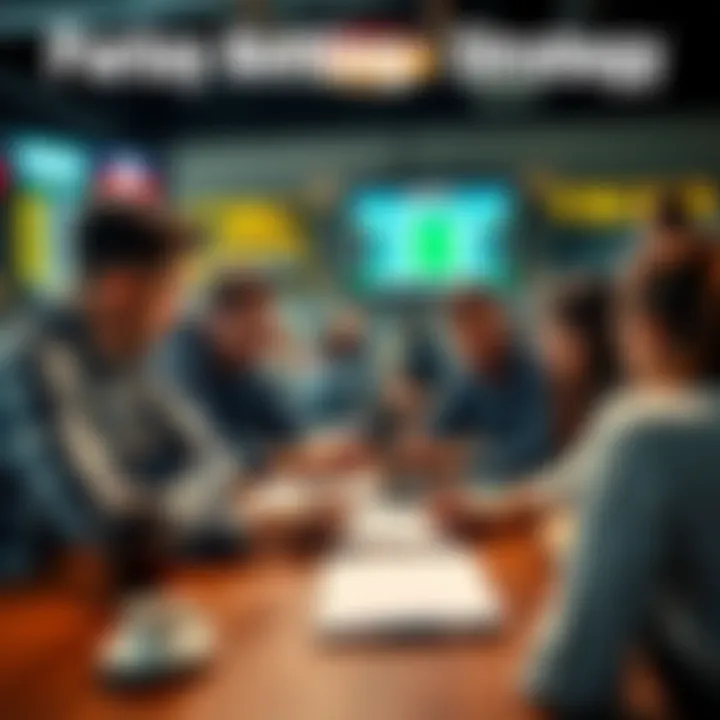 A group of friends discussing sports betting strategies with a notepad and laptops on a table, showcasing excitement and engagement in parlay bets.