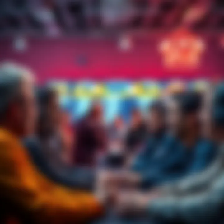 A group of people discussing sports betting strategies on a forum, with excitement and engagement on their faces.