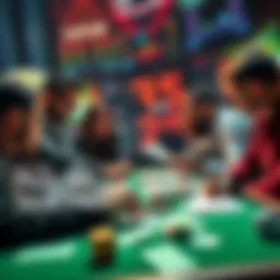 A group of diverse bettors discussing strategies with charts and betting slips on a table
