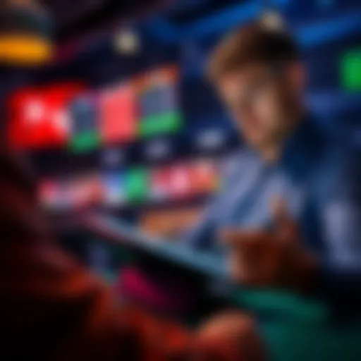 A gambler analyzing betting odds on a tablet with sports games displayed in the background