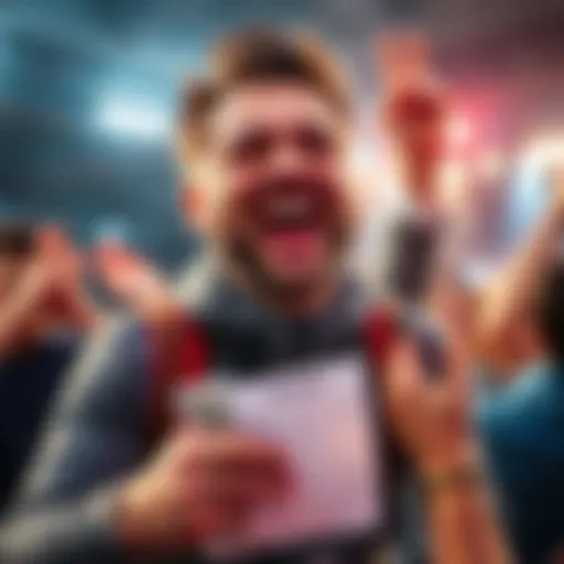 Person celebrating a successful parlay bet with a big smile, holding a betting slip with cash around them