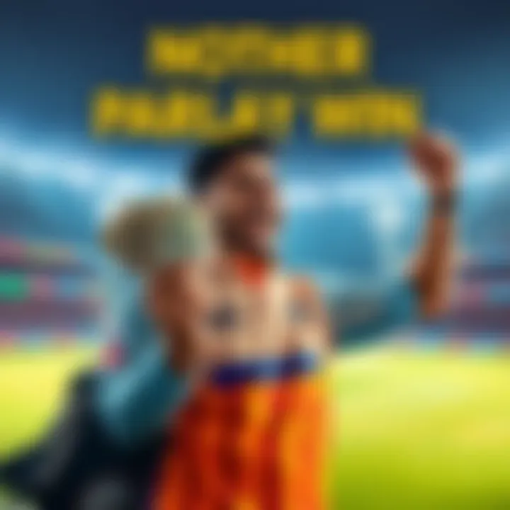 A person holding cash and cheering after winning a parlay bet during the IPL, with a backdrop of a cricket match.