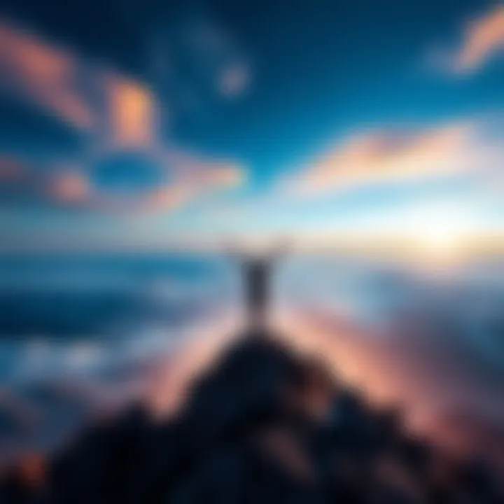 Path to Success A person standing on a mountain peak with arms raised in triumph, symbolizing achievement and success.