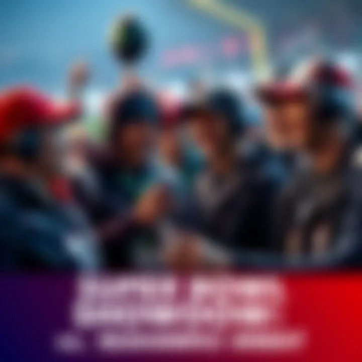 Two groups of fans, one cheering for the Patriots and the other for the Seahawks, engaging in a lively discussion about the Super Bowl.