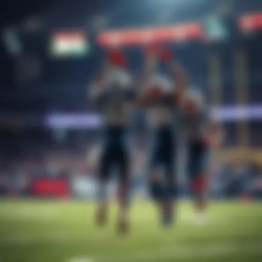 Patriots players in jerseys celebrating after scoring a touchdown during a game