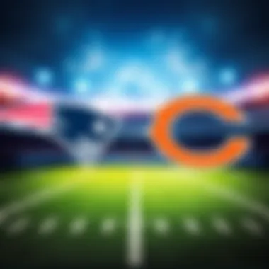 A football field with the New England Patriots and Chicago Bears logos, featuring players warming up before the Thursday Night Football game.