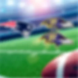 New England Patriots and Baltimore Ravens team logos with a football background