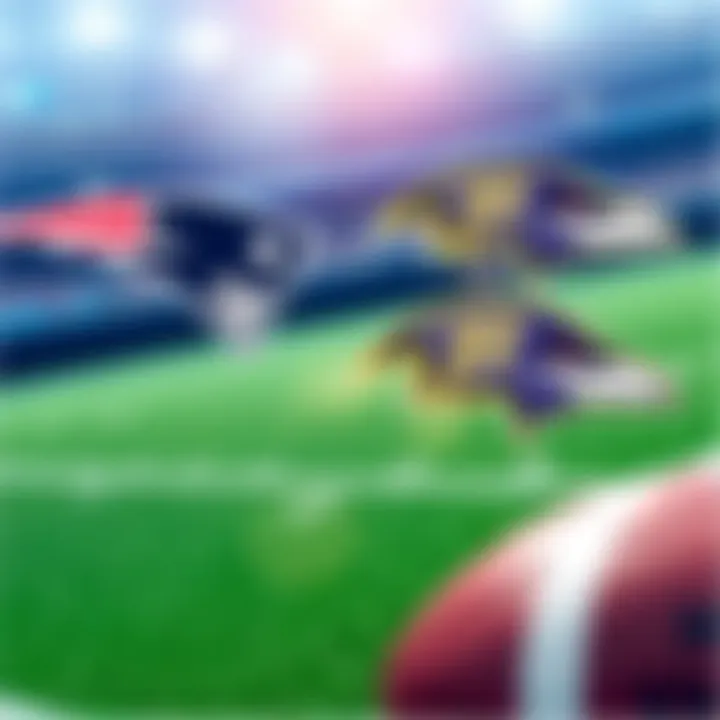 New England Patriots and Baltimore Ravens team logos with a football background