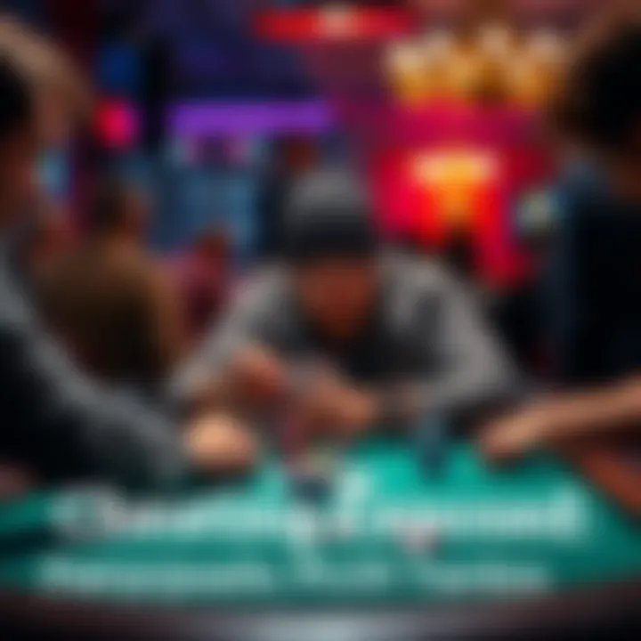 A poker player at the table focusing on his cards and chips, surrounded by other players with a tense atmosphere, showcasing the action of a PLO5 game.