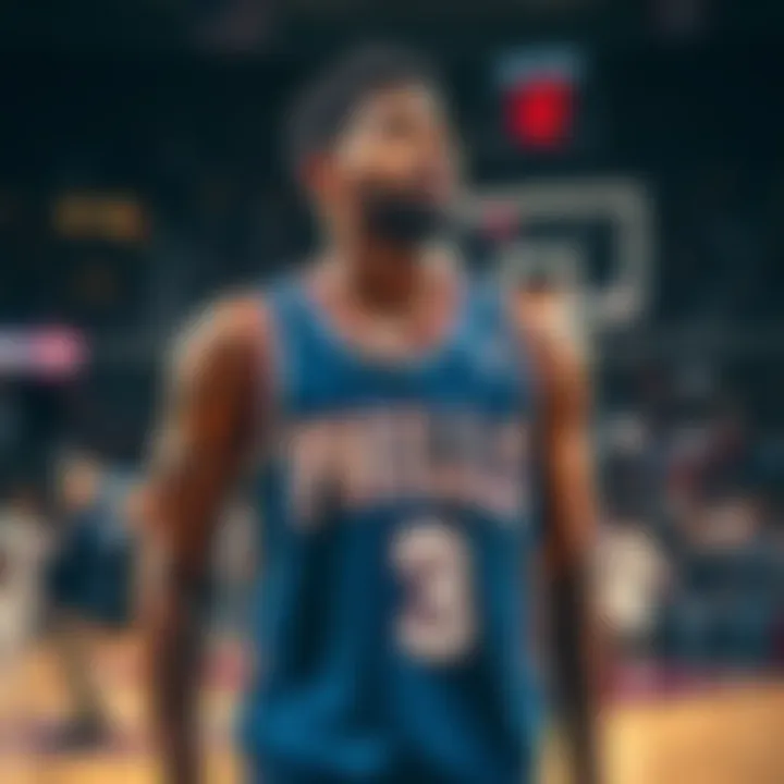 Paul George in NBA jersey Paul George standing on the basketball court, looking thoughtful in his team jersey, with fans in the background considering his possible retirement.