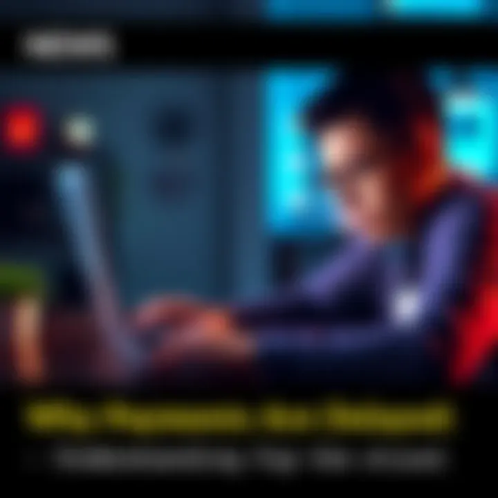 A frustrated individual looking at a laptop screen, displaying payment status with a concerned expression