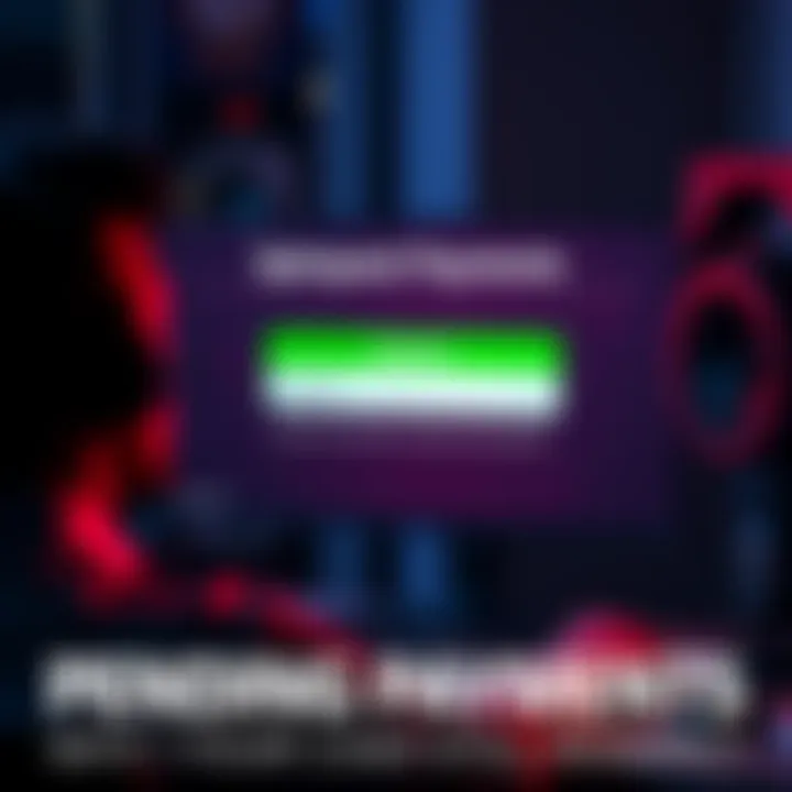 A computer screen showing a payment status indicating funds are still pending, with a worried person looking at it.