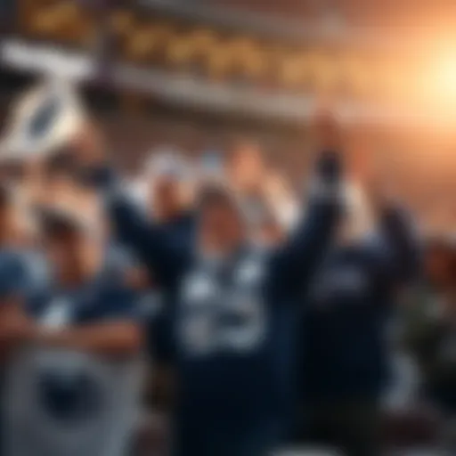 A group of enthusiastic Penn State fans wearing blue and white gear, cheering and holding banners at a sports event.