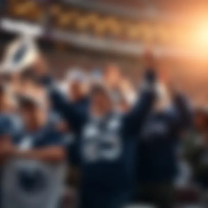 A group of enthusiastic Penn State fans wearing blue and white gear, cheering and holding banners at a sports event.