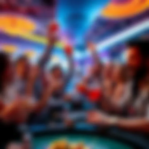 A group of excited people celebrating with drinks and smiles in a casino after a successful bet