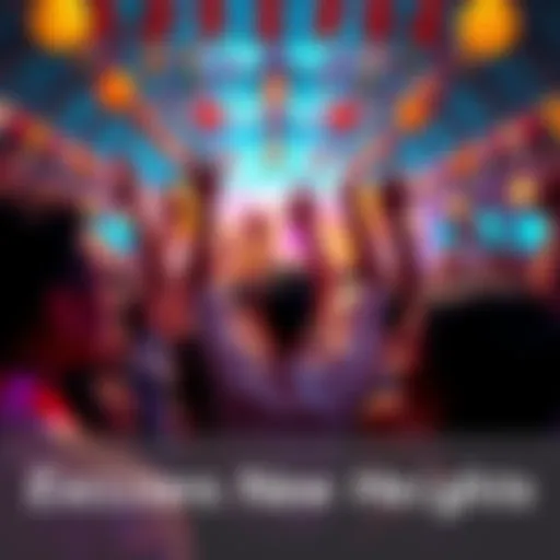 A group of people showing excitement at an event with colorful decorations and banners in the background