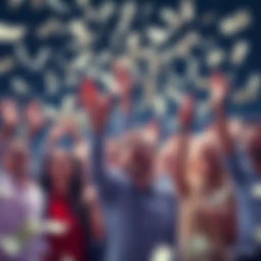 A group of people celebrating as cash appears around them