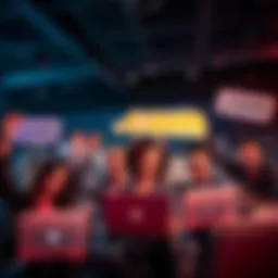 A group of happy people celebrating their online success with laptops and .com domain signs