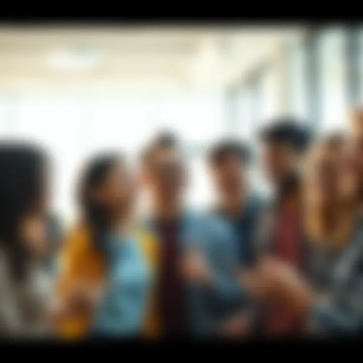 A group of diverse people smiling and discussing improvements from a recent update in a bright environment