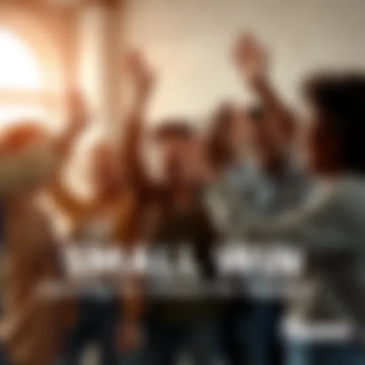 A group of diverse people cheering and smiling while holding hands in a circle, representing support and inspiration for success